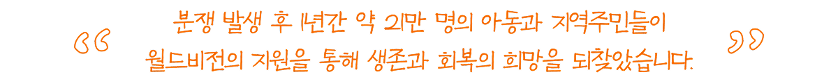 분쟁 발생 후 1년간 약 21만 명의 아동과 지역주민들이 월드비전의 지원을 통해 생존과 회복의 희망을 되찾았습니다.
