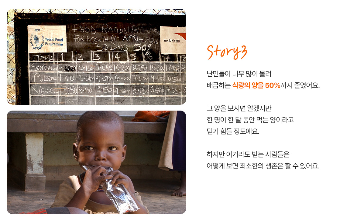 난민들이 너무 많이 몰려 배급하는 식량의 양을 50%까지 줄였어요. 그 양을 보시면 알겠지만, 한 명이 한 달 동안 먹는 양이라고 믿기 힘들 정도예요. 하지만 이거라도 받는 사람들은 어떻게 보면 최소한의 생존은 할 수 있어요.