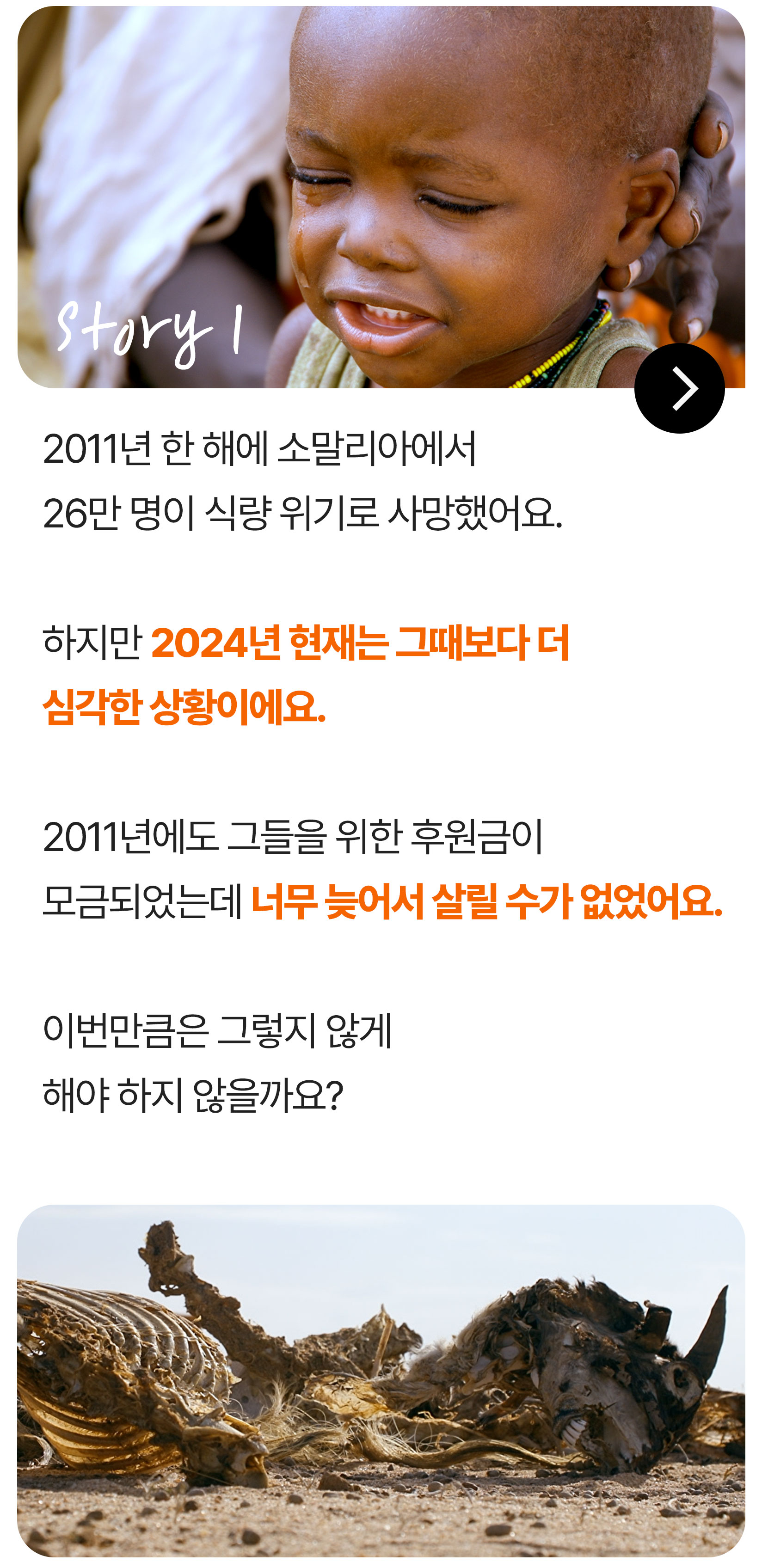 2011년 한 해에 소말리아에서 26만 명이 식량 위기로 사망했어요. 하지만 2024년 현재는 그때보다 더 심각한 상황이에요. 2011년에도 그들을 위한 후원금이 모금되었는데 너무 늦어서 살릴 수가 없었어요. 이번만큼은 그렇지 않게 해야 하지 않을까요?