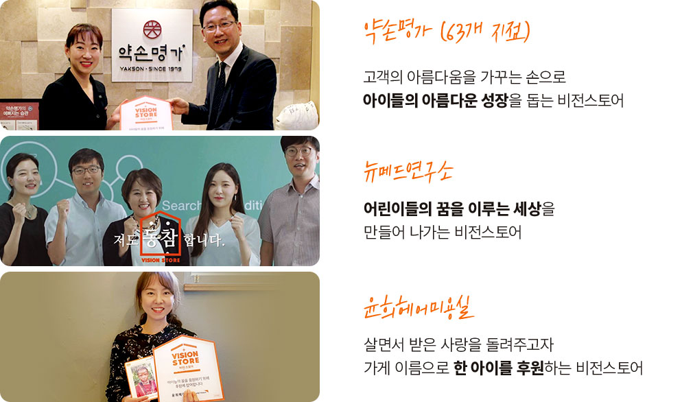 약손명가(63개) 고객의 아름다움을 가꾸는 손으로 아이들의 아름다운 성장을 돕는 비전스토어. 뉴메드연구소 어린이들의 꿈을 이루는 세상을 만들어 나가는 비전스토어. 윤희헤어미용실 살면서 받은 사랑을 돌려주고자 가게 이름으로 한 아이를 후원하는 비전스토어.