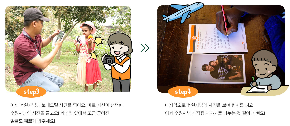 step3이제 후원자님께 보내드릴 사진을 찍어요. 바로 자신이 선택한 후원자님의 사진을 들고요! 카메라 앞에서 조금 굳어진 얼굴도 예쁘게 봐주세요! step4마지막으로 후원자님의 사진을 보며 편지를 써요. 이제 후원자님과 직접 이야기를 나누는 것 같아 기뻐요!
