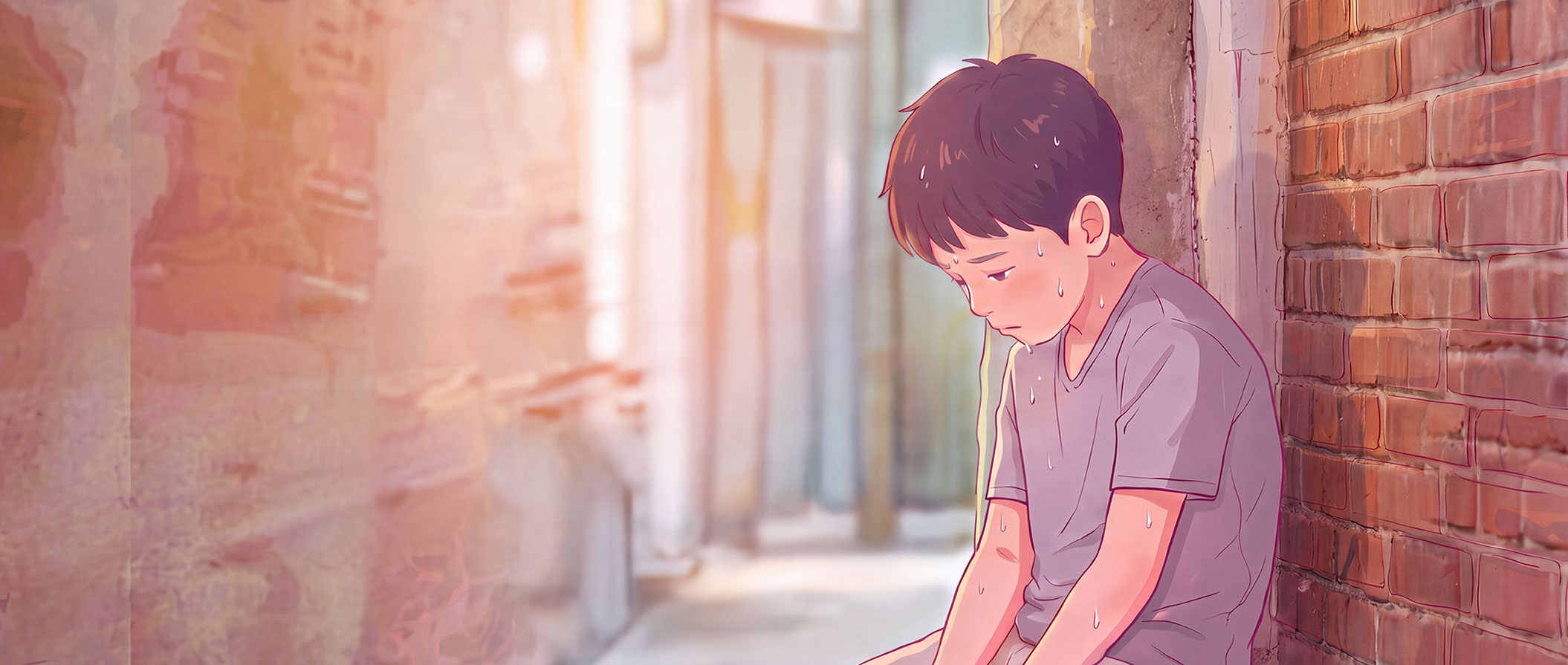 폭염 속에서 무거운 책임을 감당하는 아이