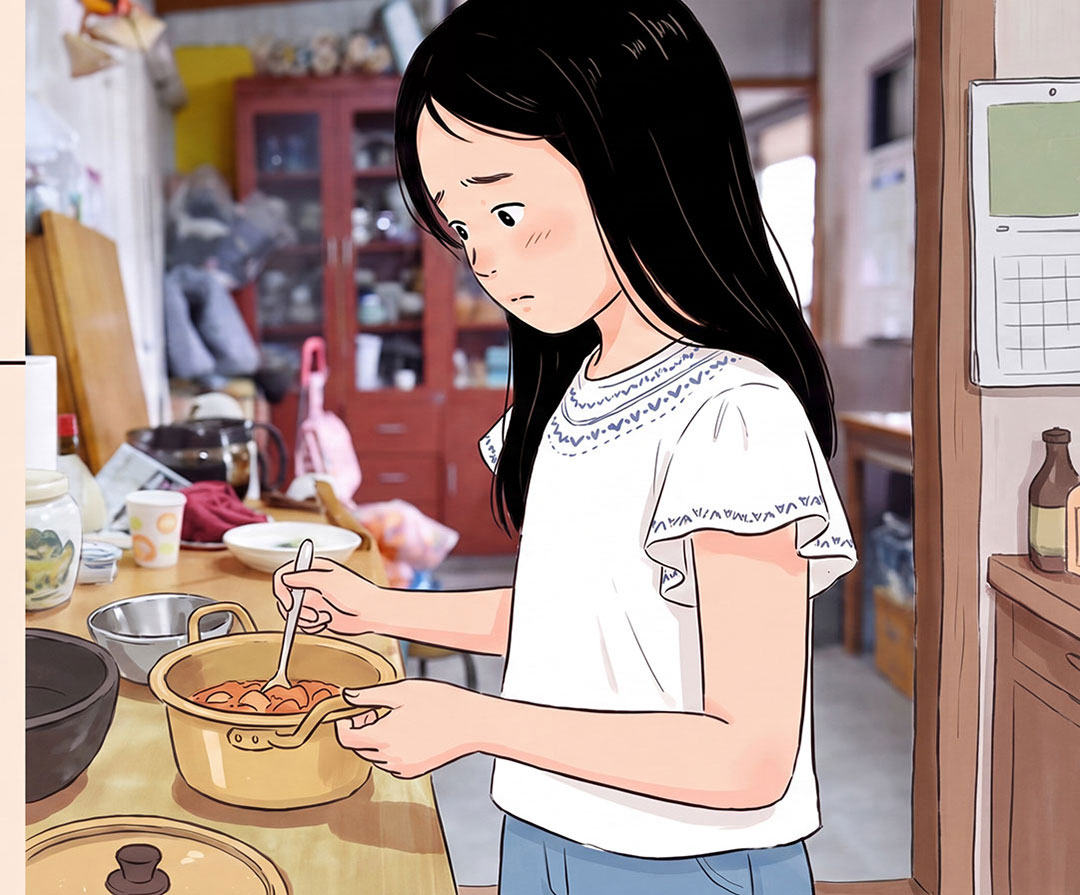 상한 음식을 앞에 두고 고민하는 재희