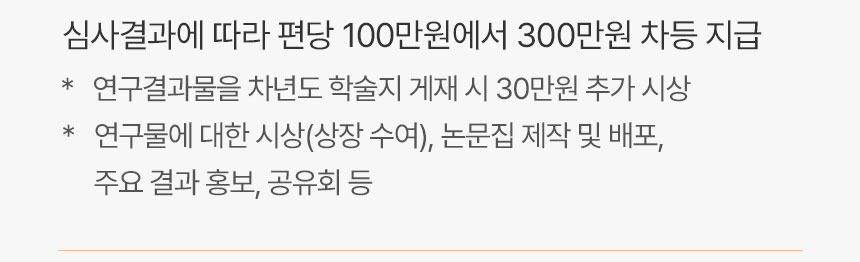 심사결과에 따라 편당 100만원에서 300만원 차등등 지급 * 연구결과물을 차년도 학술지 게재 시 30만원 추가 시상 * 연구물에 대한 시상(상장 수여), 논문집 제작 및 배포, 주요 결과 홍보, 공유회 등