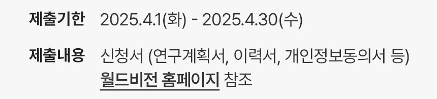 제출기한: 2025.4.1(화) - 2025.4.30(수) / 제출내용: 신청서 (연구계획서, 이력서, 개인정보동의서 등) 월드비전 홈페이지 참조 /