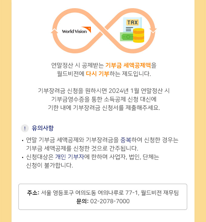 연말정산 시 공제받는 기부금 세액공제액을 월드비전에 다시 기부하는 제도입니다. 개인기부자에 한해서 신청할 수 있으며 기부장려금 제도를 신청하고자 하는 분은 아래 신청서를 다운받아 작성하신 후 월드비전으로 보내주시기 바랍니다. / 주소: 서울 영등포구 여의도동 여의나루로 77-1, 재무팀 / 문의: 02-2078-7000