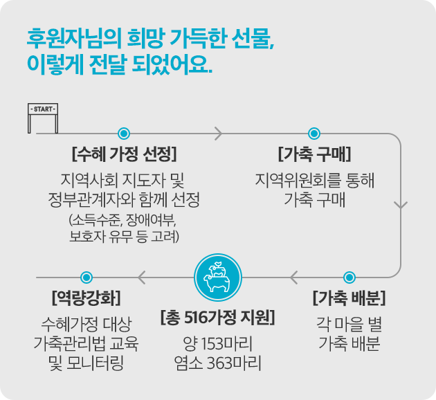 후원자님의 희망 가득한 선물, 이렇게 전달 되었어요. [수혜 가정 선정] 지역사회 지도자 및 정부관계자와 함께 선정 (소득수준, 장애여부, 보호자 유무 등 고려) [가축 구매] 지역위원회를 통해 가축 구매 [가축 배분] 각 마을 별 가축 배분 [총 516가정 지원] 양 153마리, 염소 363마리 [역량강화] 수혜가정 대상 가축관리법 교육 및 모니터링