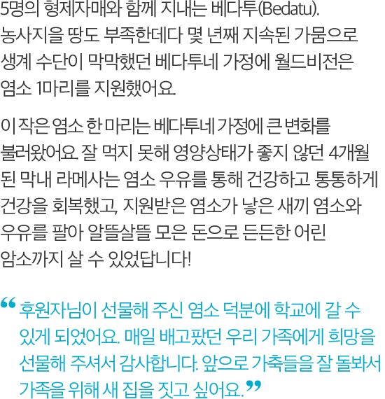 5명의 형제자매와 함께 지내는 베다투(Bedatu). 농사지을 땅도 부족한데다 몇 년째 지속된 가뭄으로 생계 수단이 막막했던 베다투네 가정에 월드비전은 염소 1마리를 지원했어요. 이 작은 염소 한 마리는 베다투네 가정에 큰 변화를 불러왔어요. 잘 먹지 못해 영양상태가 좋지 않던 4개월 된 막내 라메사는 염소 우유를 통해 건강하고 통통하게 건강을 회복했고, 지원받은 염소가 낳은 새끼 염소와 우유를 팔아 알뜰살뜰 모은 돈으로 든든한 어린 암소까지 살 수 있었답니다! -후원자님이 선물해 주신 염소 덕분에 학교에 갈 수 있게 되었어요. 매일 배고팠던 우리 가족에게 희망을 선물해 주셔서 감사합니다. 앞으로 가축들을 잘 돌봐서 가족을 위해 새 집을 짓고 싶어요.