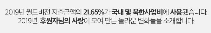 2019년 월드비전 지출금액의 21.65%가 국내 및 북한사업비에 사용됐습니다. 2019년, 후원자님의 사랑이 모여 만든 놀라운 변화들을 소개합니다.