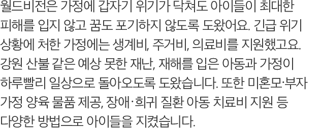 월드비전은 가정에 갑자기 위기가 닥쳐도 아이들이 최대한 피해를 입지 않고 꿈도 포기하지 않도록 도왔어요. 긴급 위기 상황에 처한 가정에는 생계비, 주거비, 의료비를 지원했고요. 강원 산불 같은 예상 못한 재난, 재해를 입은 아동과 가정이 하루빨리 일상으로 돌아오도록 도왔습니다. 또한 미혼모?부자 가정 양육 물품 제공, 장애?희귀 질환 아동 치료비 지원 등 다양한 방법으로 아이들을 지켰습니다.