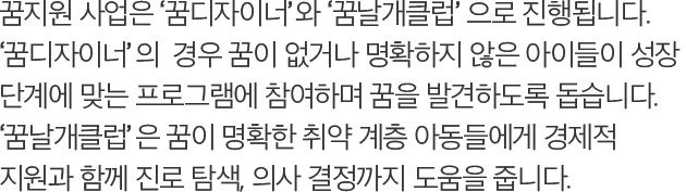 꿈지원 사업은 ‘꿈디자이너’와 ‘꿈날개클럽’ 으로 진행됩니다. ‘꿈디자이너’의  경우 꿈이 없거나 명확하지 않은 아이들이 성장 단계에 맞는 프로그램에 참여하며 꿈을 발견하도록 돕습니다. ‘꿈날개클럽’은 꿈이 명확한 취약 계층 아동들에게 경제적 지원과 함께 진로 탐색, 의사 결정까지 도움을 줍니다.
