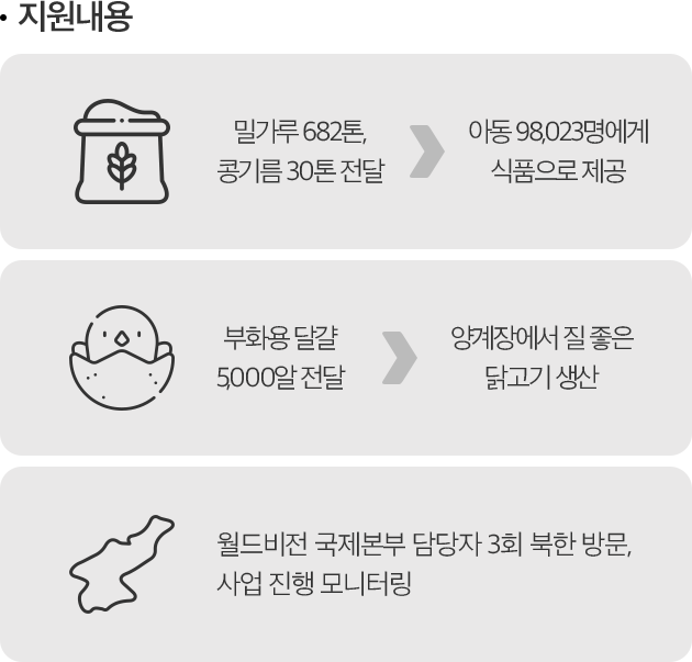 지원내용 -밀가루 682톤 콩기름 30톤 전달, 아동 98023명에게 식품으로 제공 -부화용 달걀 5000알 전달, 양계장에서 질 좋은 닭고기 생산 -월드비전 국제본부 담당자 3회 북한 방문, 사업 진행 모니터링