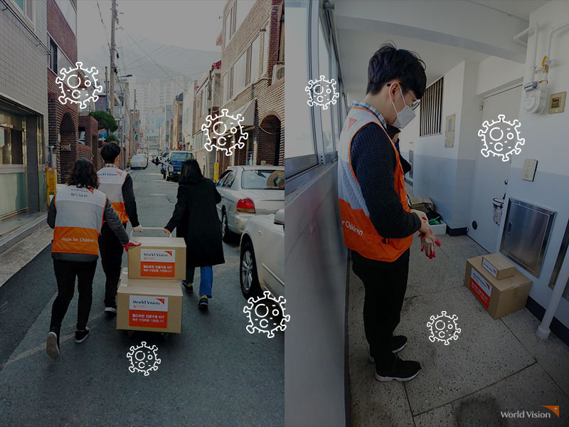 코로나로 인해 아이들과 직접 만나기 어렵지만 구호품을 열심히 배송중인 월드비전 직원들. 사진