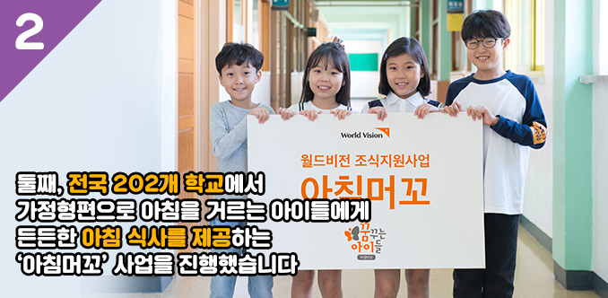 둘째, 전국 202개 학교에서 가정형편으로 아침을 거르는 아이들에게 든든한 아침 식사를 제공하는 '아침머꼬' 사업을 진행했습니다.
