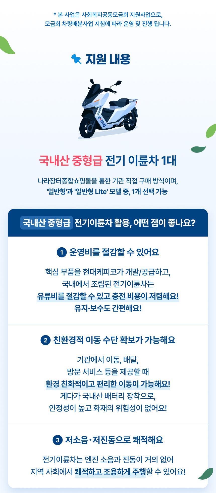 지원 내용 국내산 중형급 전기 이륜차 1대