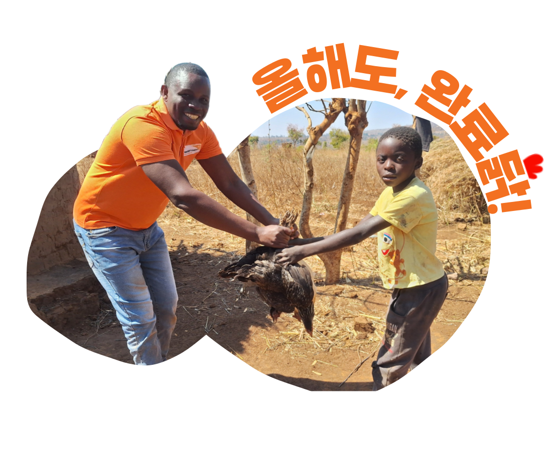 현지직원이 아동에게 닭 전달하는 모습