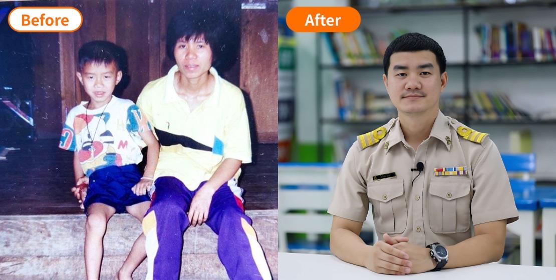 크루 베이스의 어린 시절 낡은 집에 어머니와 함께 있는 모습과 성인이 되어 늠름하게 정면을 바라보는 모습